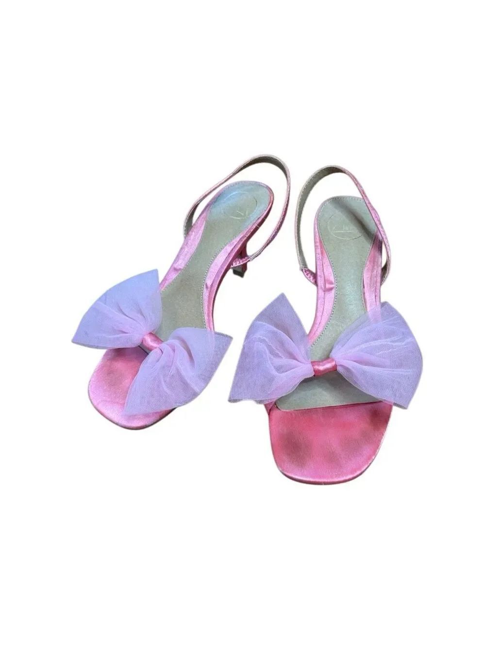 Misguided Pink Satin Slingback Kitten Heels with Tulle Bow 37 us 6.5